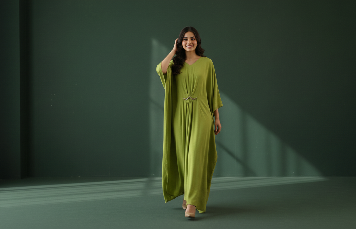 Olive Green Caftan Dress , Luxury in Every Drape