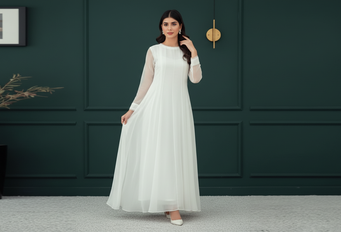 White Chiffon Frock Pure Elegance, Simple Style