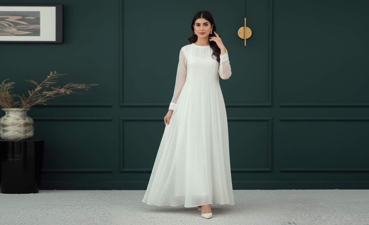 White Chiffon Frock Pure Elegance, Simple Style