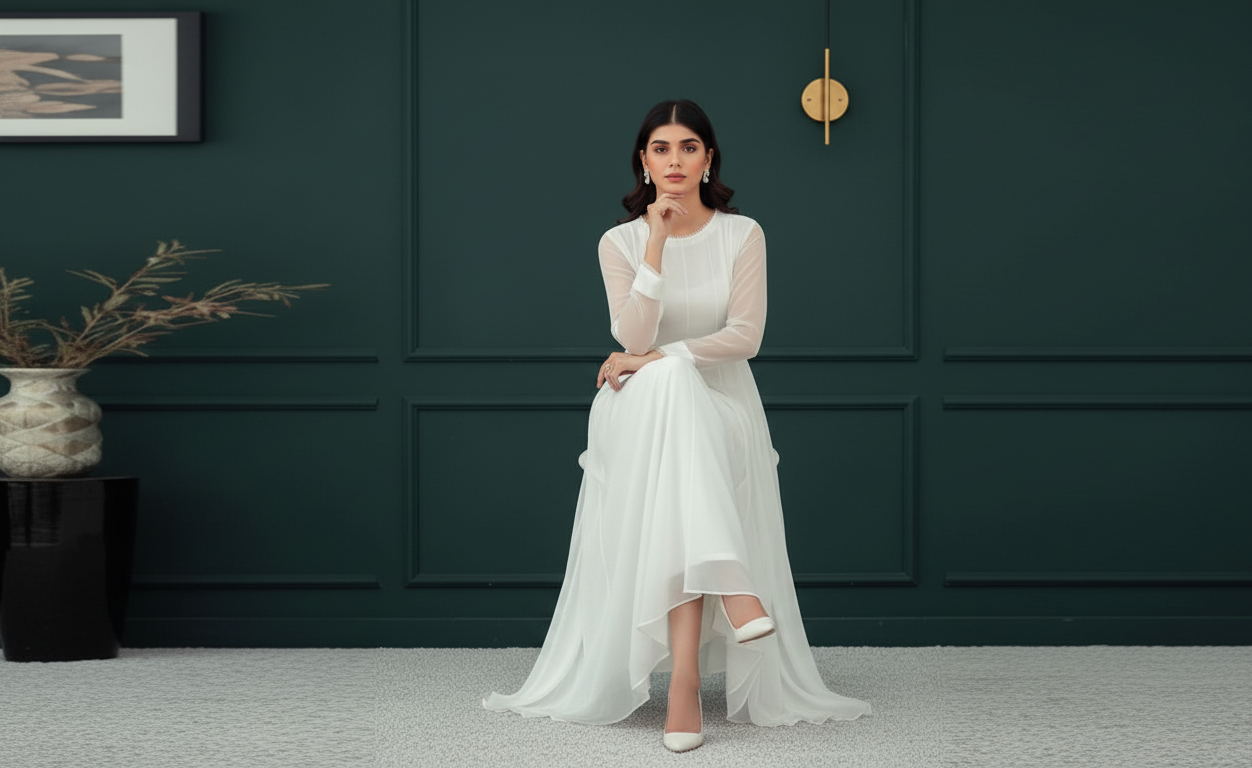 White Chiffon Frock Pure Elegance, Simple Style