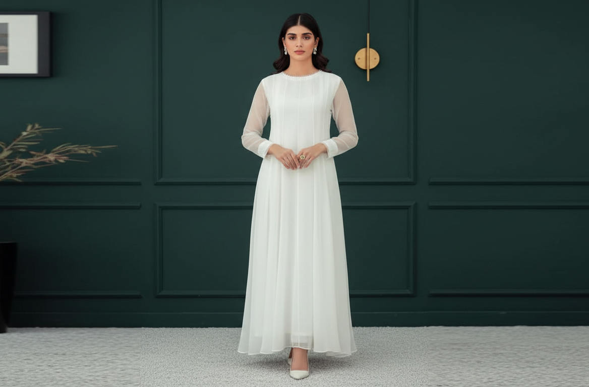 White Chiffon Frock Pure Elegance, Simple Style