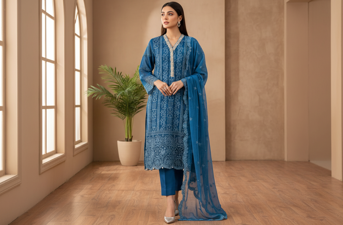 Blue Embroidered Winter Cotton 3-Piece , Grace Meets Warmth
