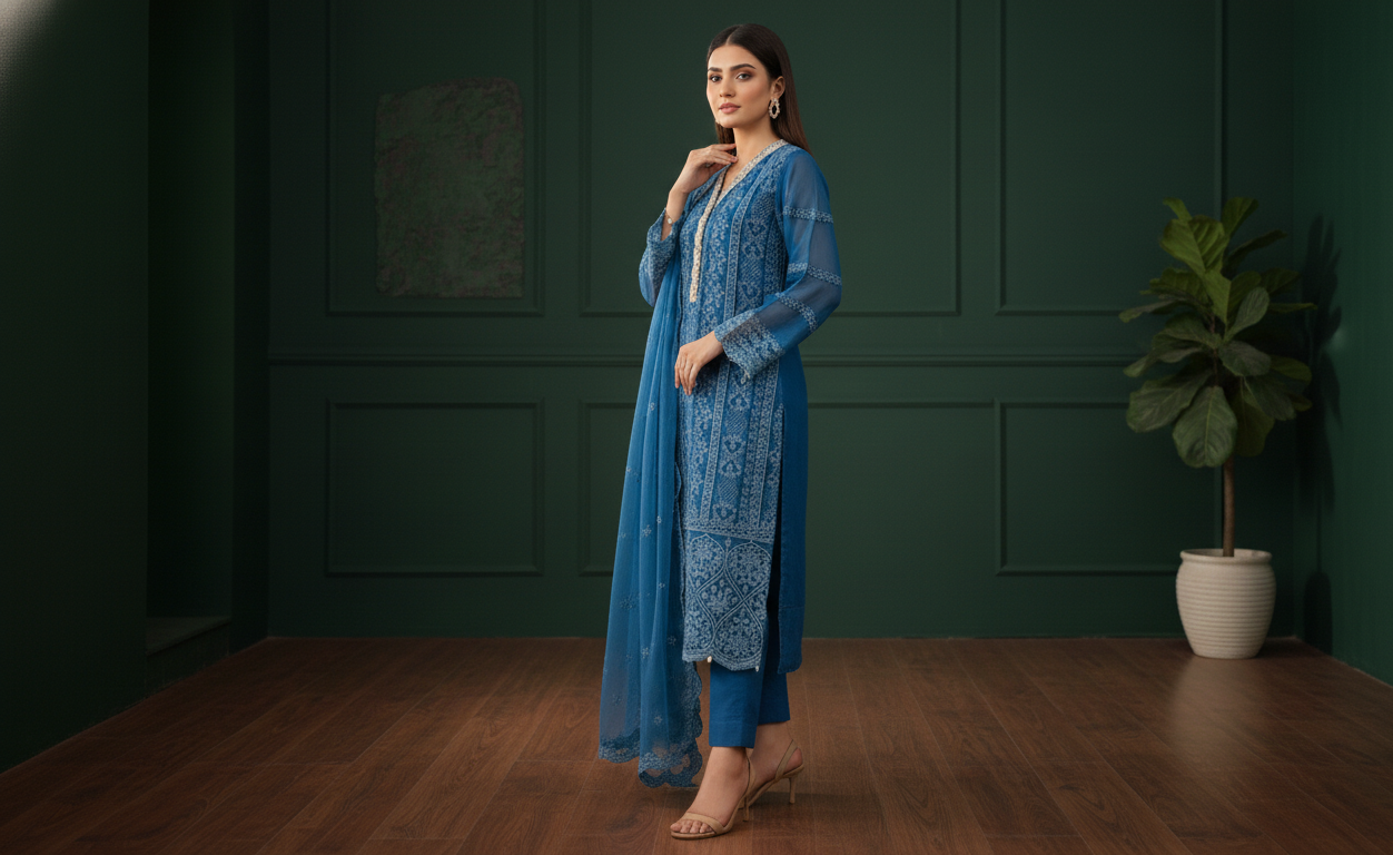 Blue Embroidered Winter Cotton 3-Piece , Grace Meets Warmth