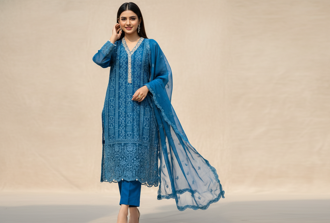 Blue Embroidered Winter Cotton 3-Piece , Grace Meets Warmth
