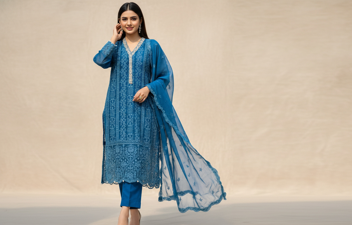 Blue Embroidered Winter Cotton 3-Piece , Grace Meets Warmth