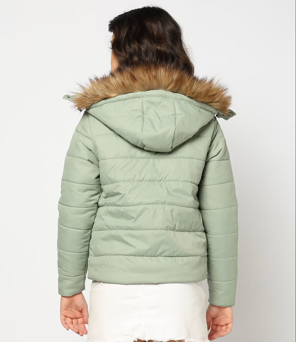 Women Regular Fit Hooded Puffer Jacket Olive