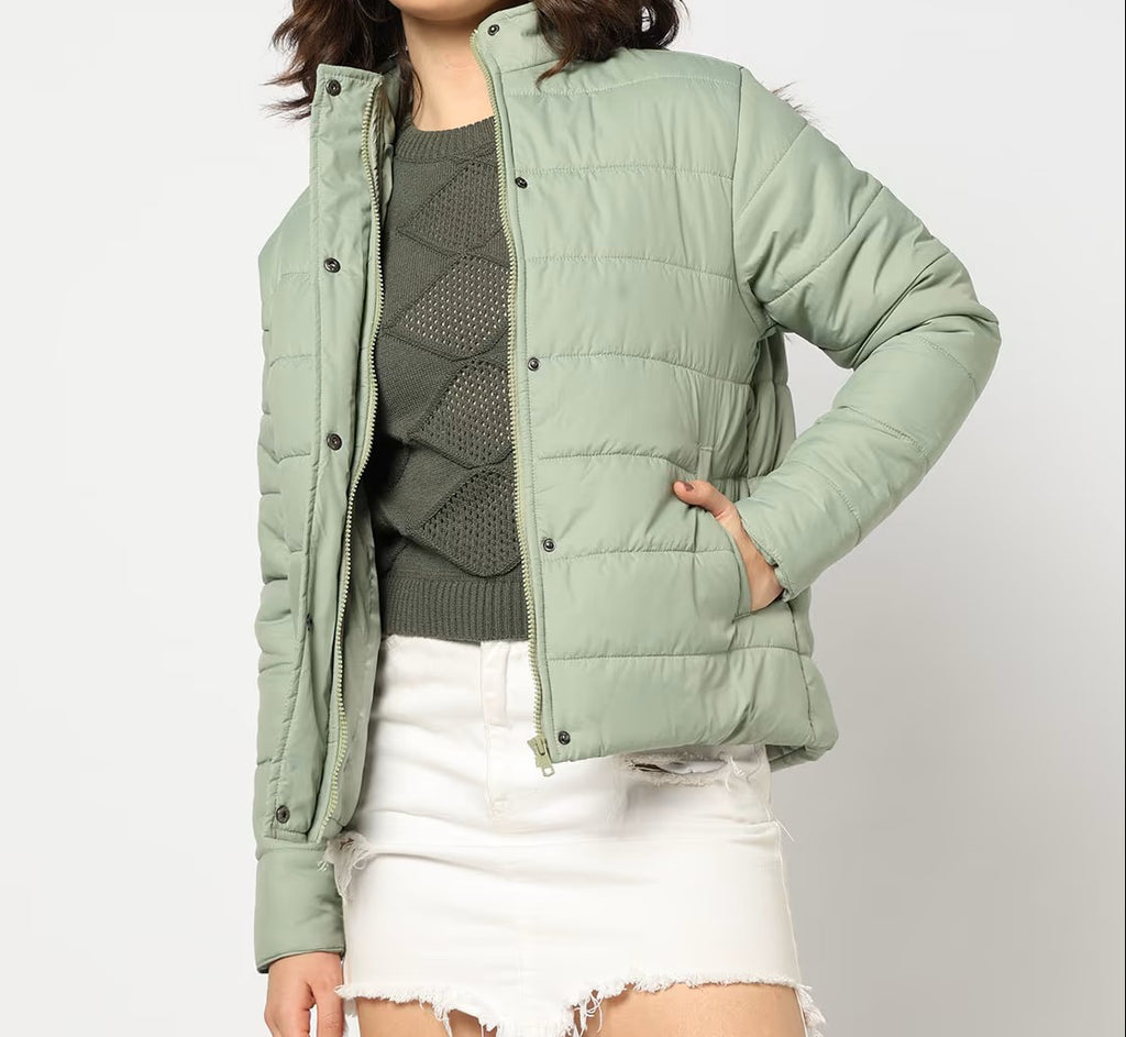 Women Regular Fit Hooded Puffer Jacket Olive