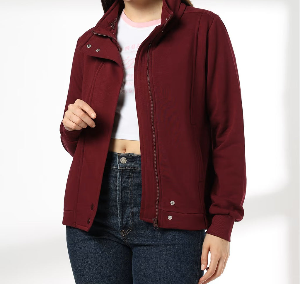 Women Regular Fit Fleece Jacket Wine