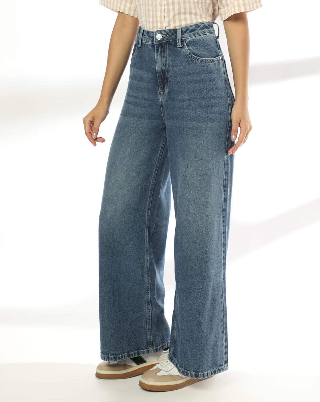 Women High Rise Wide Leg Jeans Medium Blue