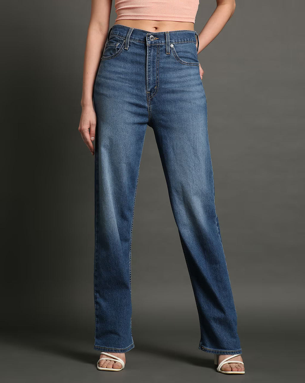 Women Straight Fit High Rise Light Fade Stretchable Mid Wash Jeans