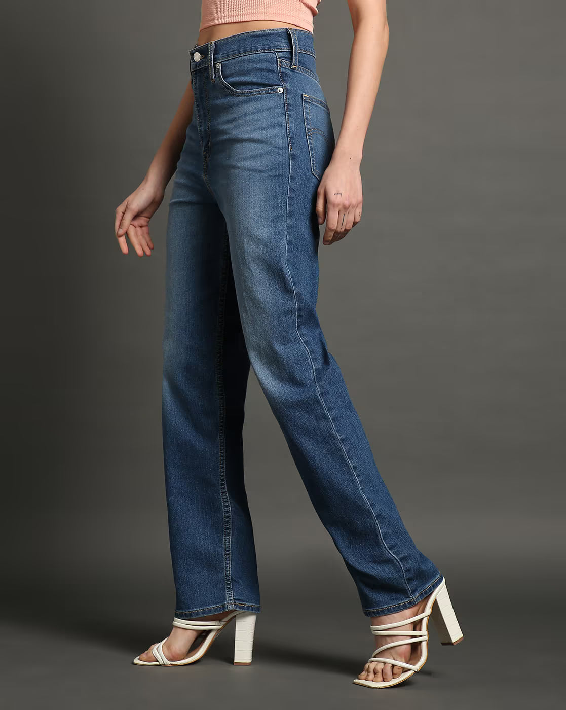 Women Straight Fit High Rise Light Fade Stretchable Mid Wash Jeans