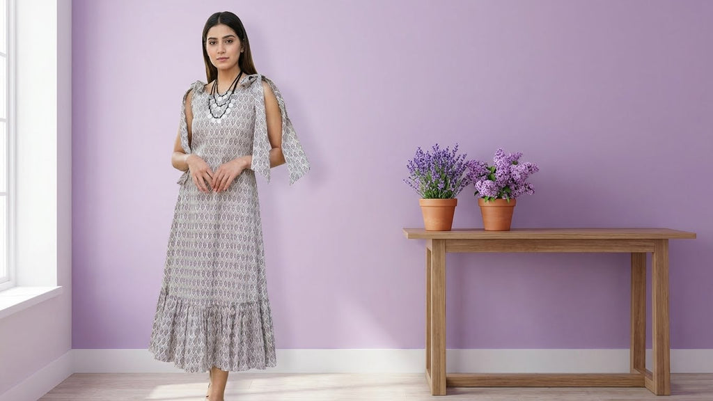 Grey Leaf Print Maxi Dress