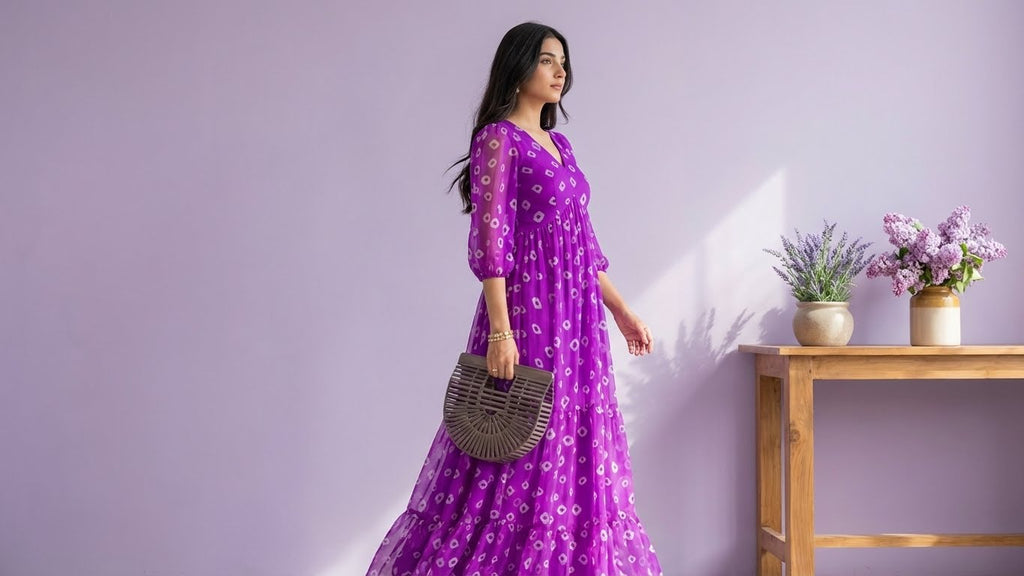 Purple Bandhani Tiered Chiffon Maxi Dress for Women