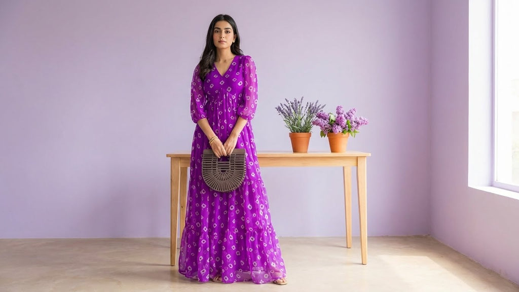 Purple Bandhani Tiered Chiffon Maxi Dress for Women