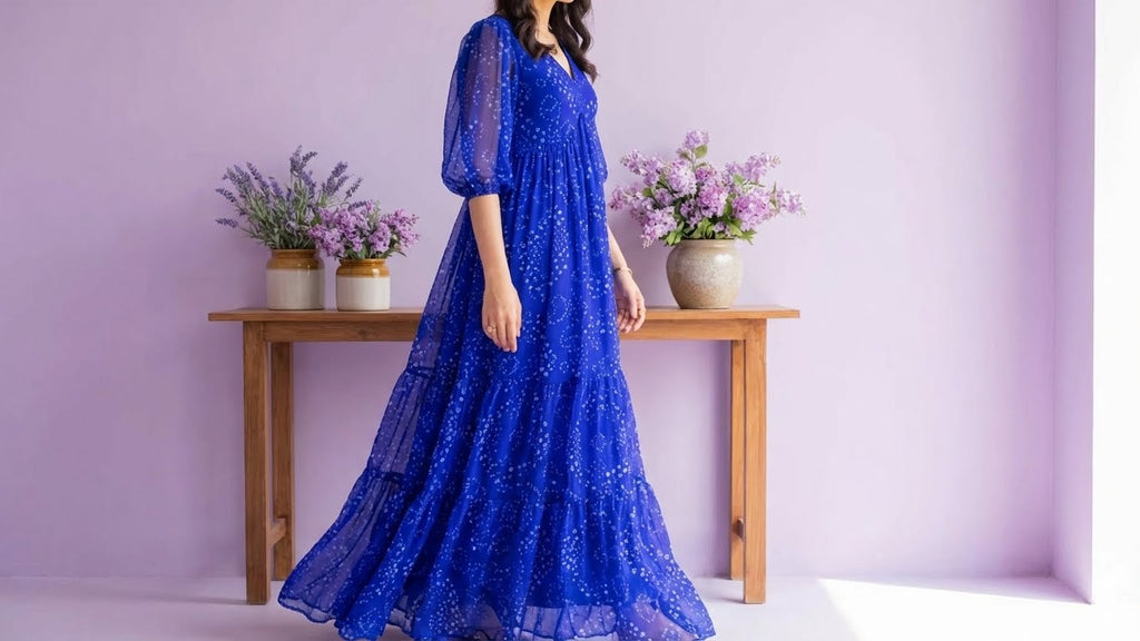 Blue Bandhani Print Chiffon Maxi Dress for Women