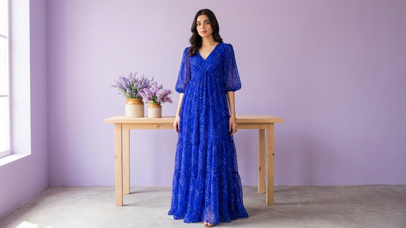Blue Bandhani Print Chiffon Maxi Dress for Women