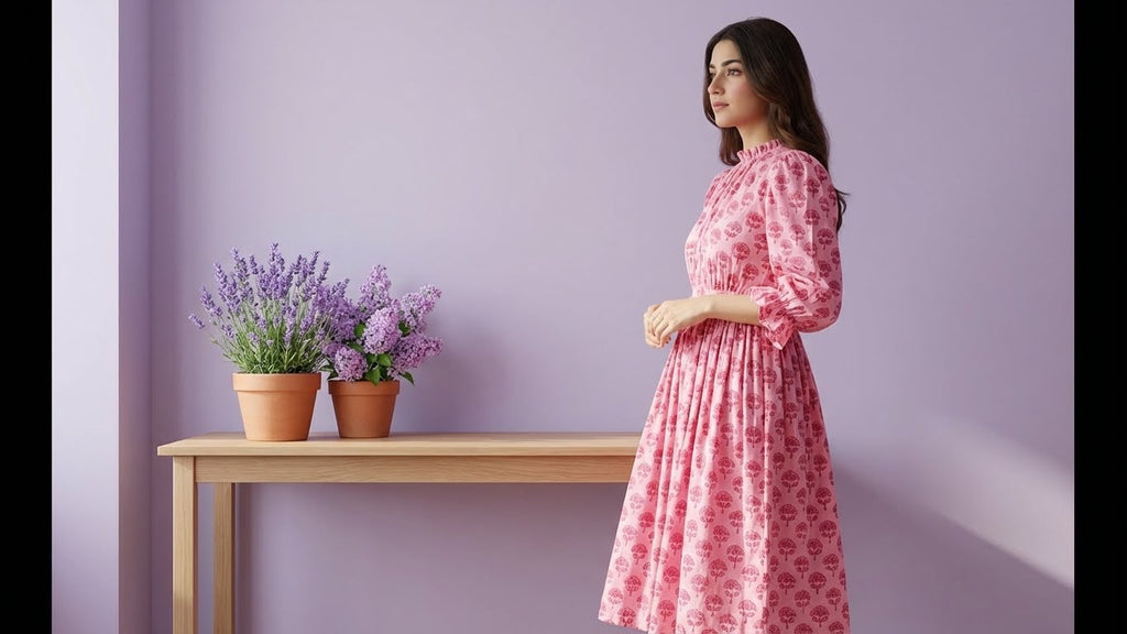 Pink Muslin Printed Maxi Dress with Ruffled Neck and Puff Sleeves