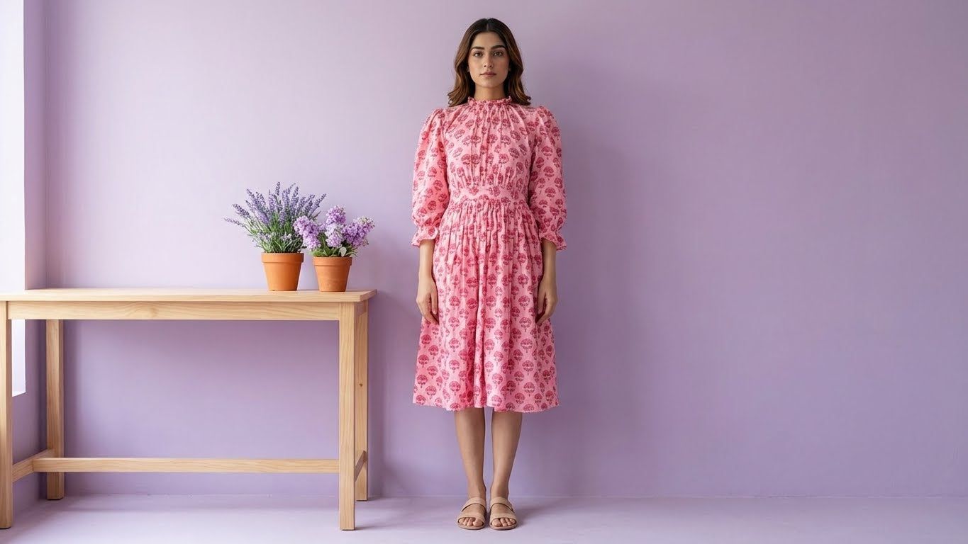 Pink Muslin Printed Maxi Dress with Ruffled Neck and Puff Sleeves