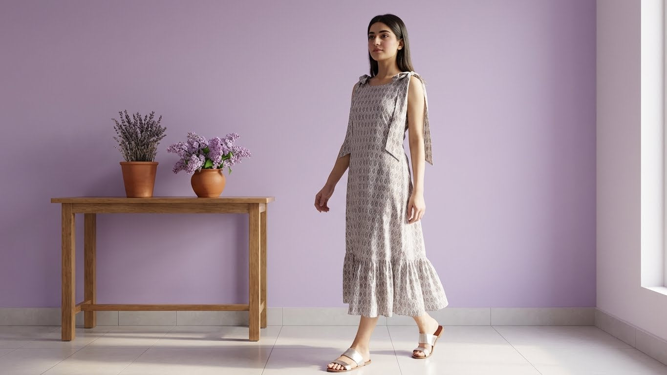 Grey Leaf Print Maxi Dress