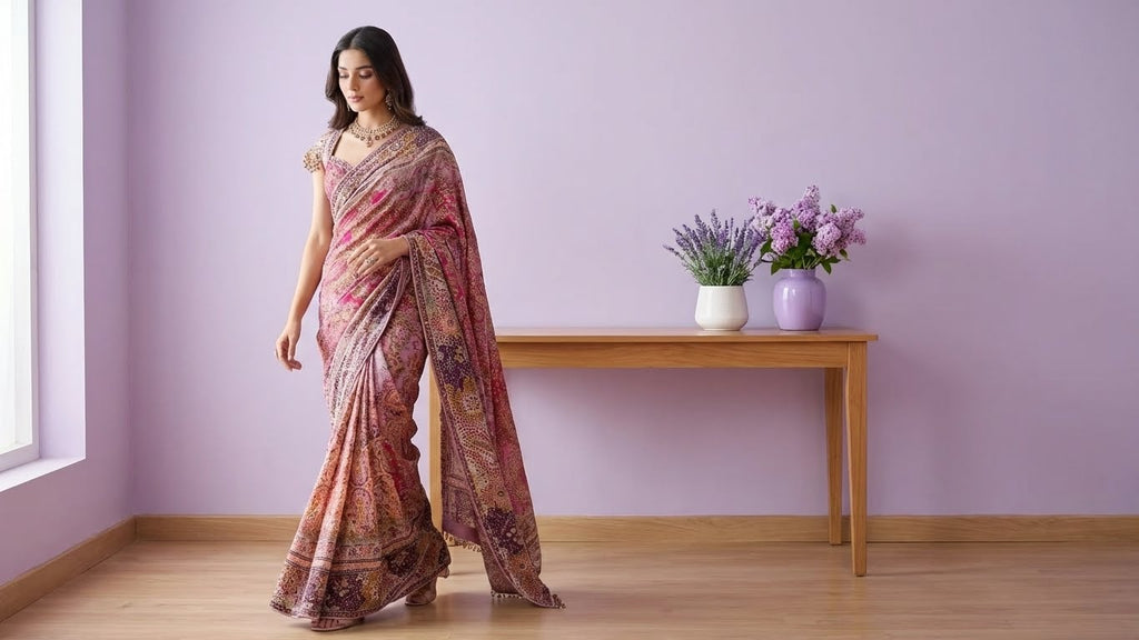 Purple Georgette Dupion Silk Embroidered Bead Kashida Saree with Blouse