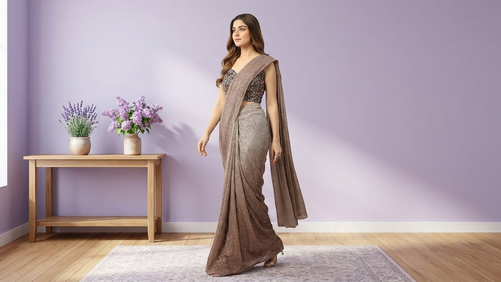 Mauve Net Sequin Bead Embroidered Noor e Aarvi Pre Draped Saree with Blouse
