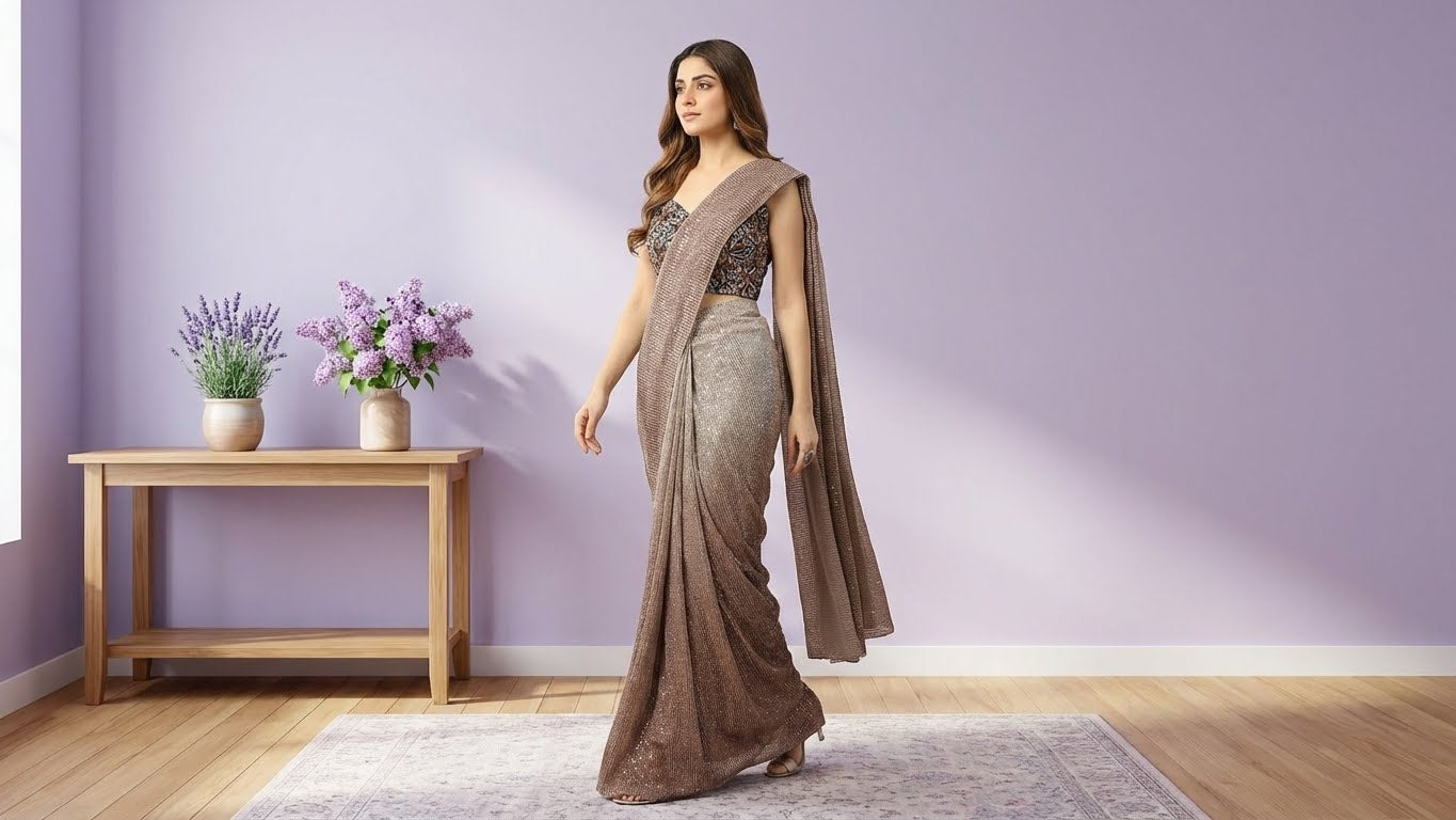 Mauve Net Sequin Bead Embroidered Noor e Aarvi Pre Draped Saree with Blouse