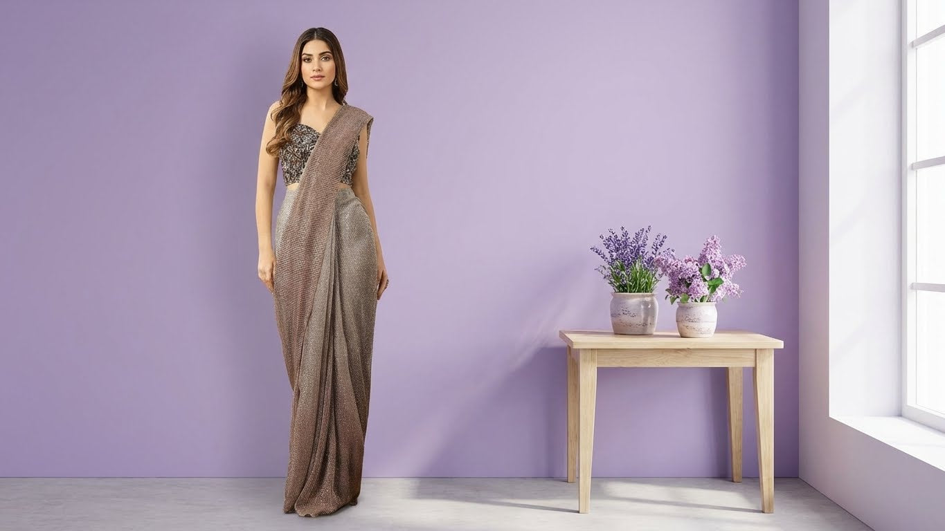 Mauve Net Sequin Bead Embroidered Noor e Aarvi Pre Draped Saree with Blouse