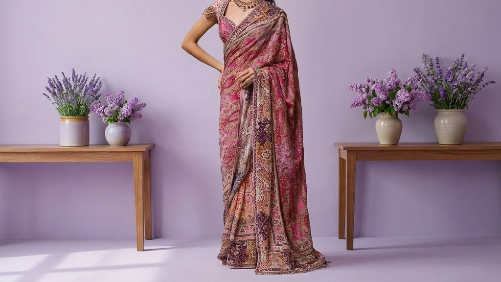Purple Georgette Dupion Silk Embroidered Bead Kashida Saree with Blouse