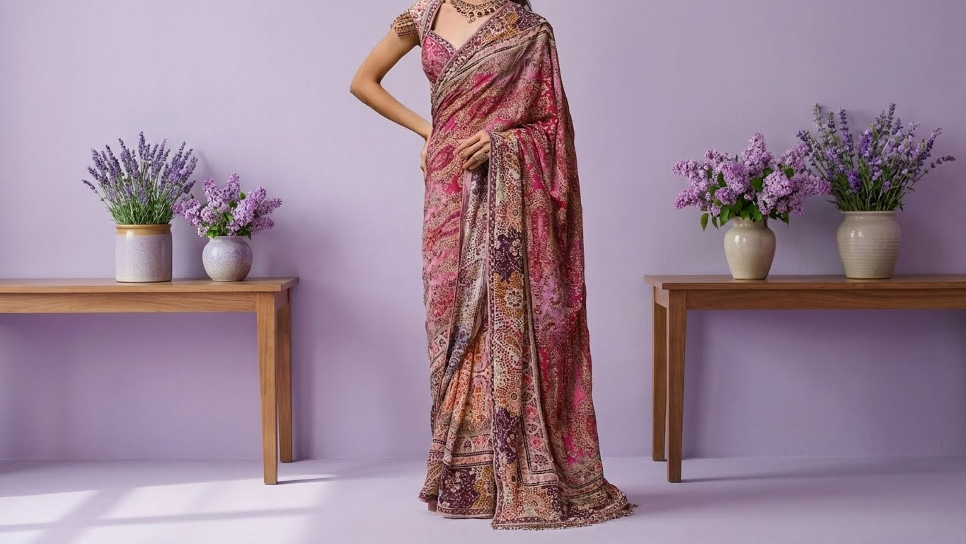 Purple Georgette Dupion Silk Embroidered Bead Kashida Saree with Blouse