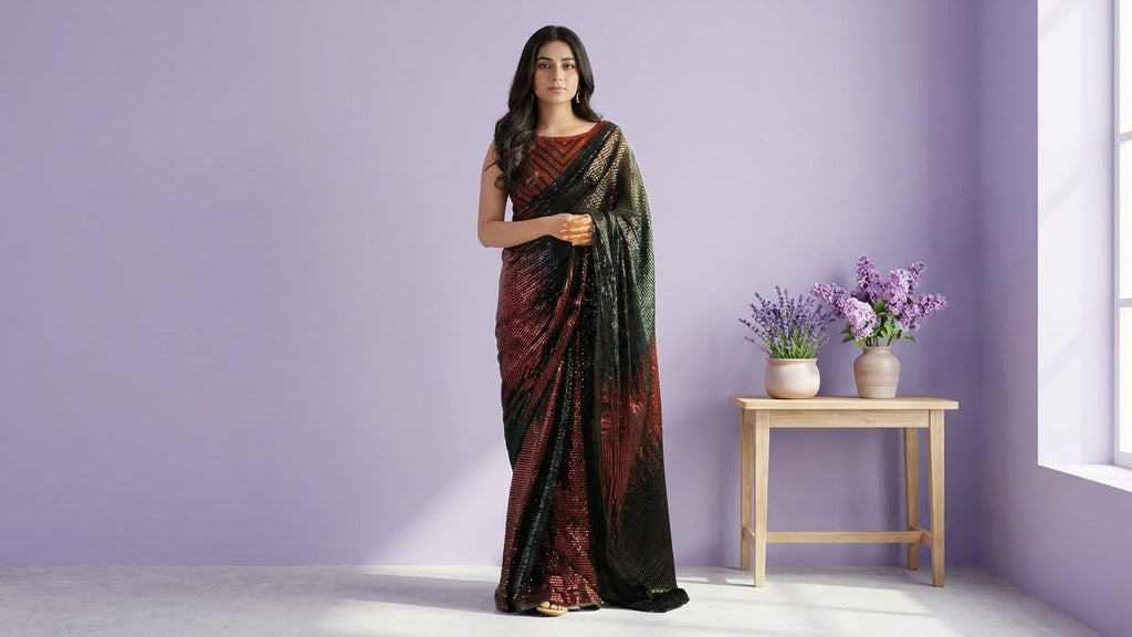 Black Georgette Sequin Embroidered Saree with Unstitched Blouse