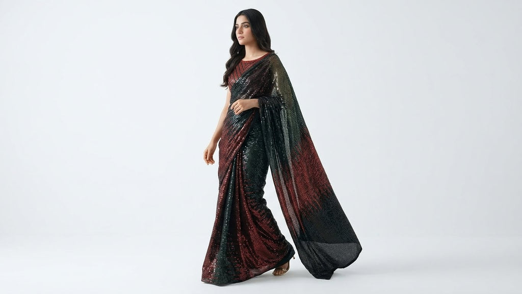 Black Georgette Sequin Embroidered Saree with Unstitched Blouse