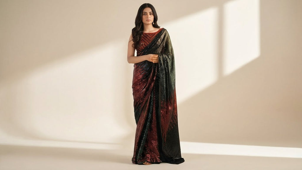 Black Georgette Sequin Embroidered Saree with Unstitched Blouse