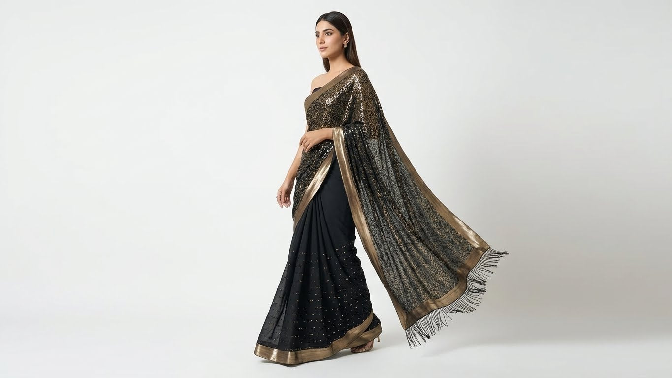 Black Silk Chiffon Sequin Saree with Unstitched Blouse