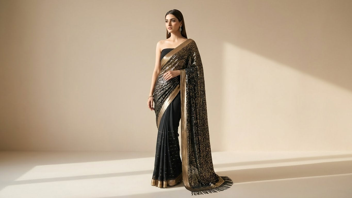 Black Silk Chiffon Sequin Saree with Unstitched Blouse