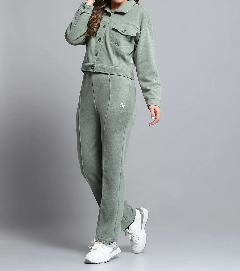 Women Green Solid Collar Full Sleeve Tracksuit