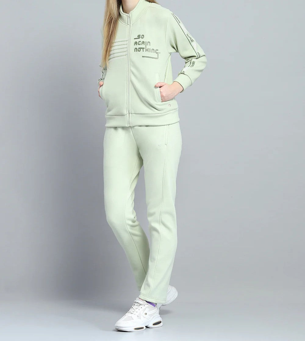 Women Green Printed Mock Neck Full Sleeve Tracksuit
