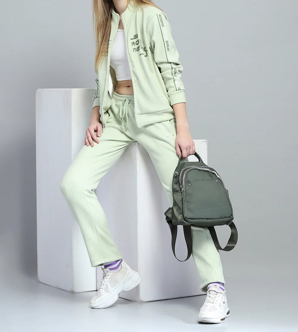 Women Green Printed Mock Neck Full Sleeve Tracksuit
