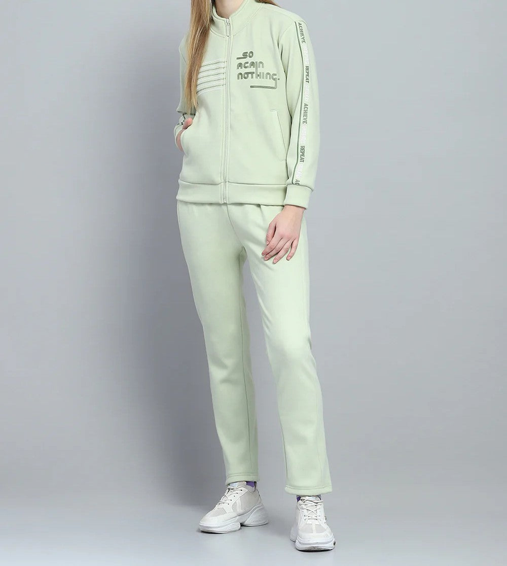 Women Green Printed Mock Neck Full Sleeve Tracksuit
