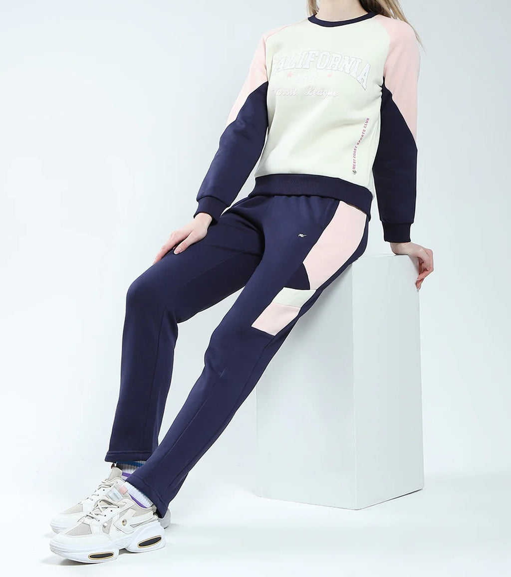 Women Blue & Beige Printed Round Neck Full Sleeve Winter Tracksuit