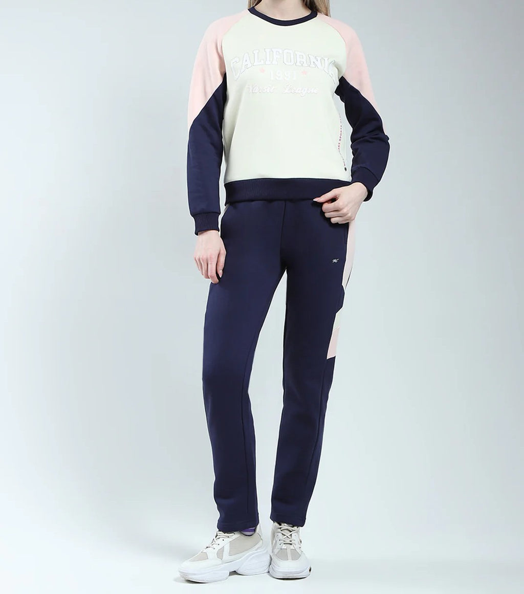 Women Blue & Beige Printed Round Neck Full Sleeve Winter Tracksuit