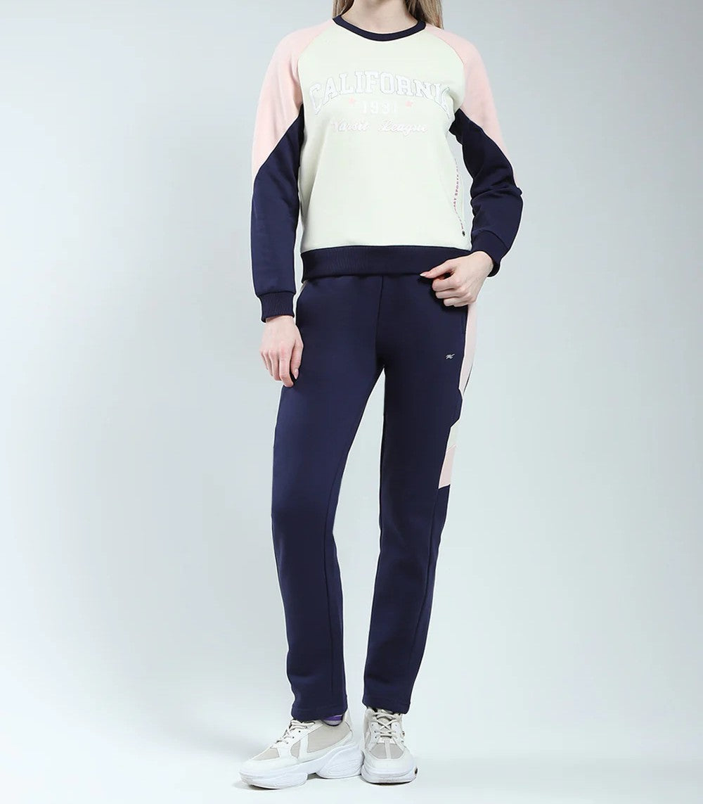 Women Blue & Beige Printed Round Neck Full Sleeve Winter Tracksuit