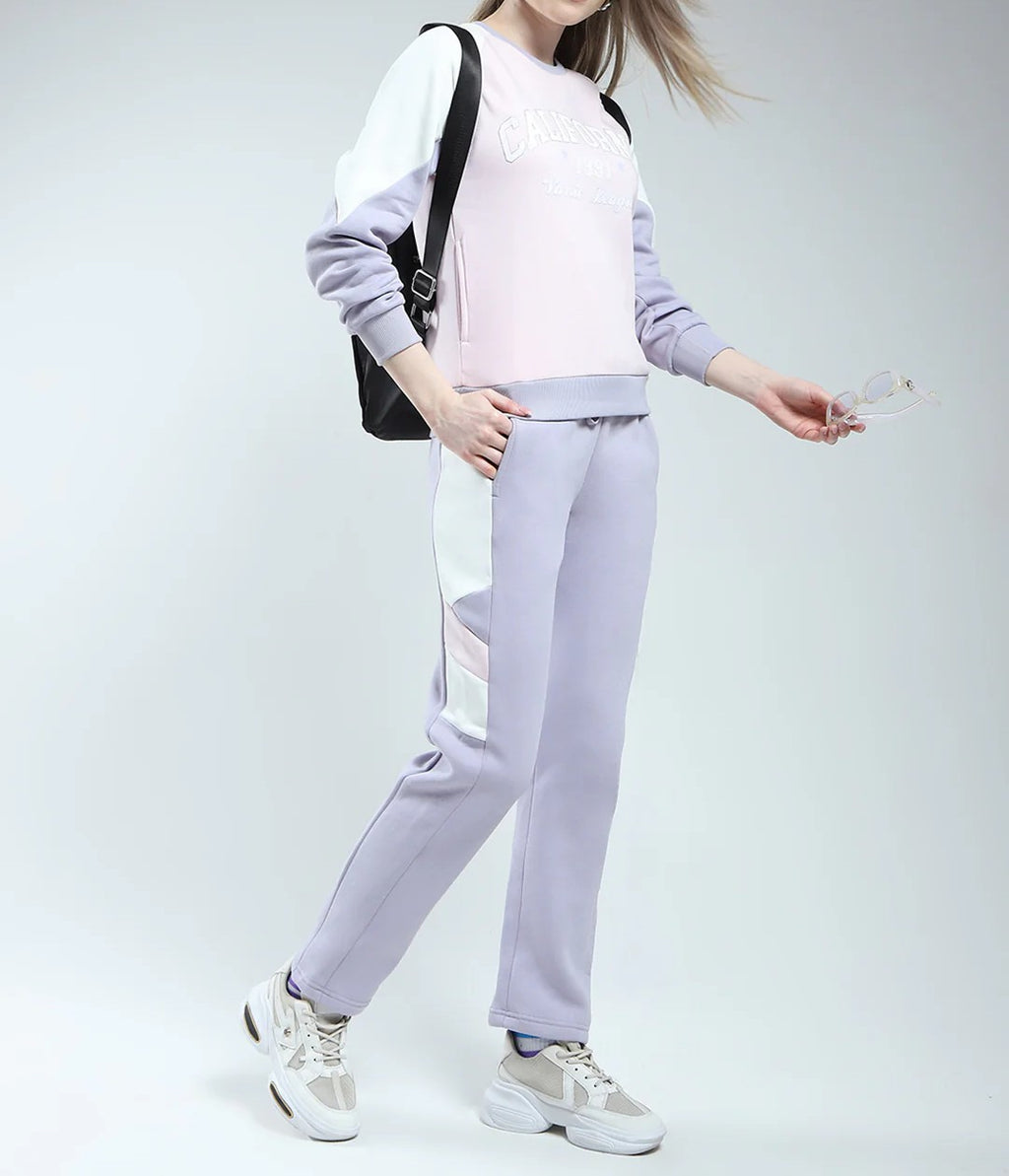 Women Purple Printed Round Neck Full Sleeve Winter Tracksuit