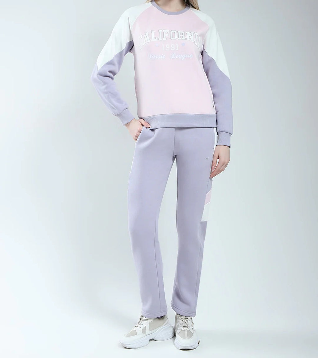 Women Purple Printed Round Neck Full Sleeve Winter Tracksuit