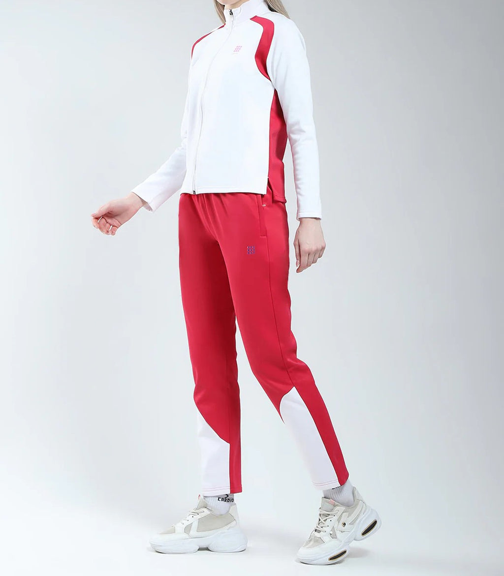 Women White & Red Solid Mock Neck Full Sleeve Winter Tracksuit