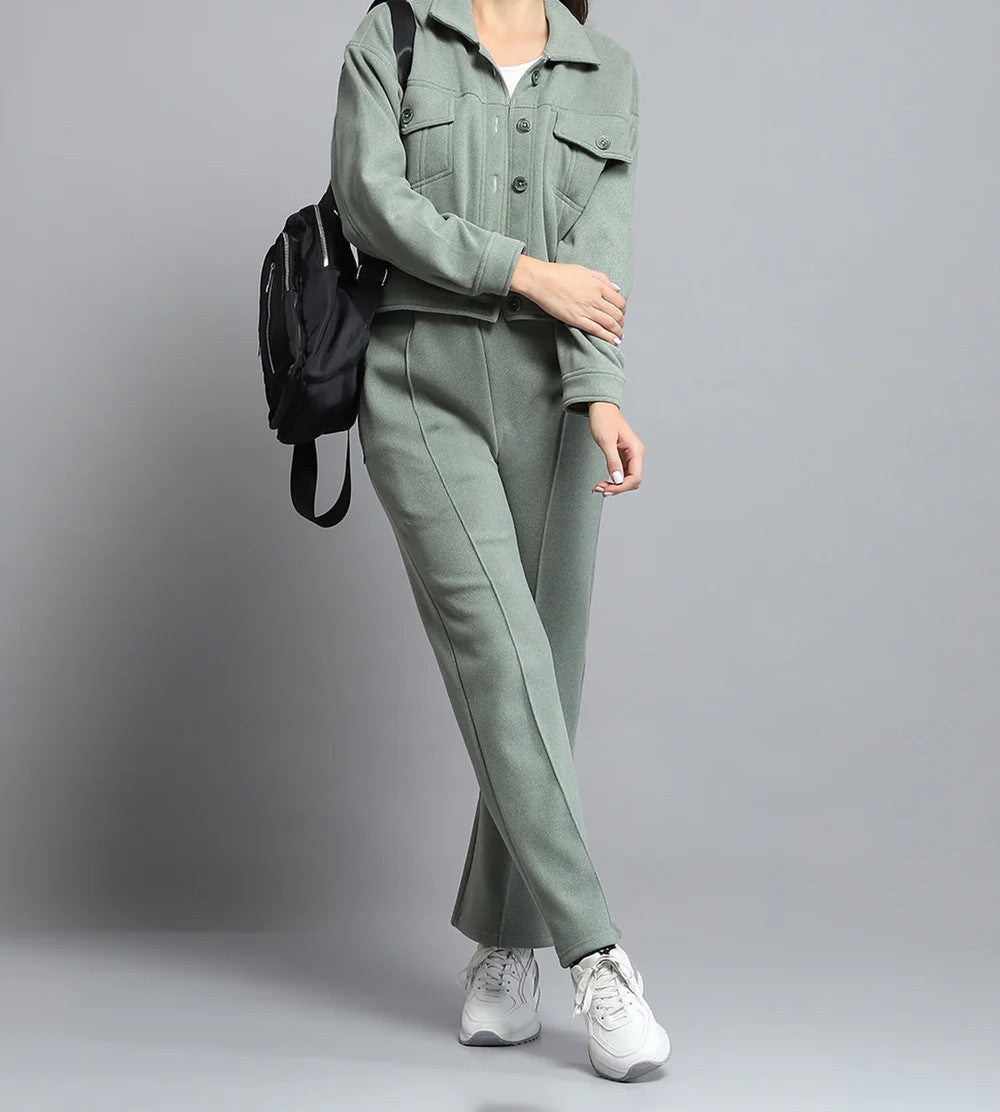 Women Green Solid Collar Full Sleeve Tracksuit