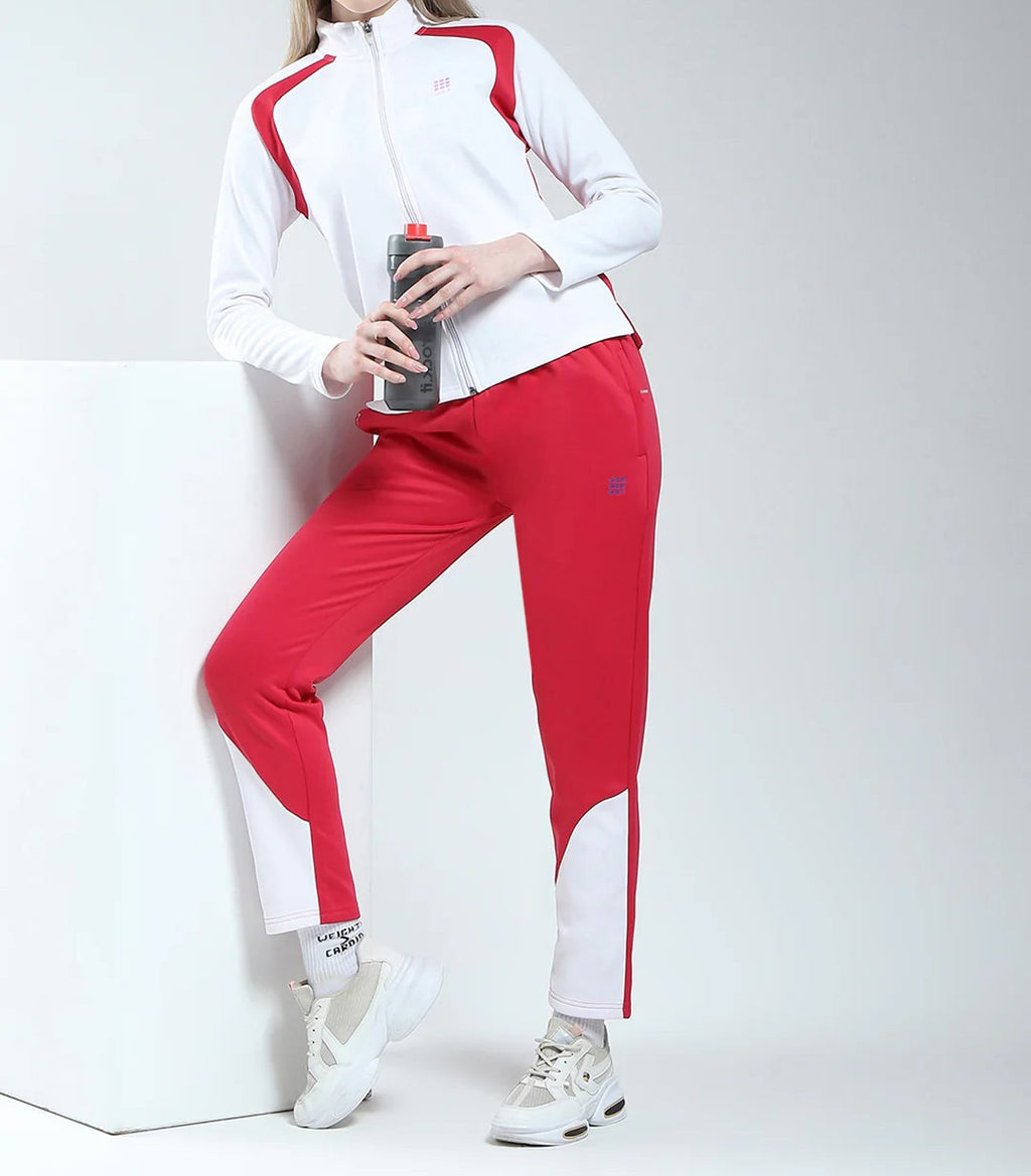 Women White & Red Solid Mock Neck Full Sleeve Winter Tracksuit