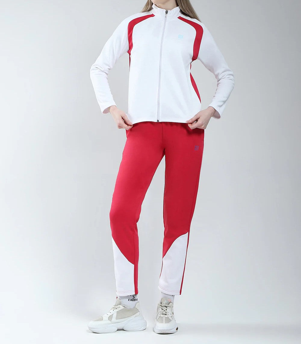 Women White & Red Solid Mock Neck Full Sleeve Winter Tracksuit