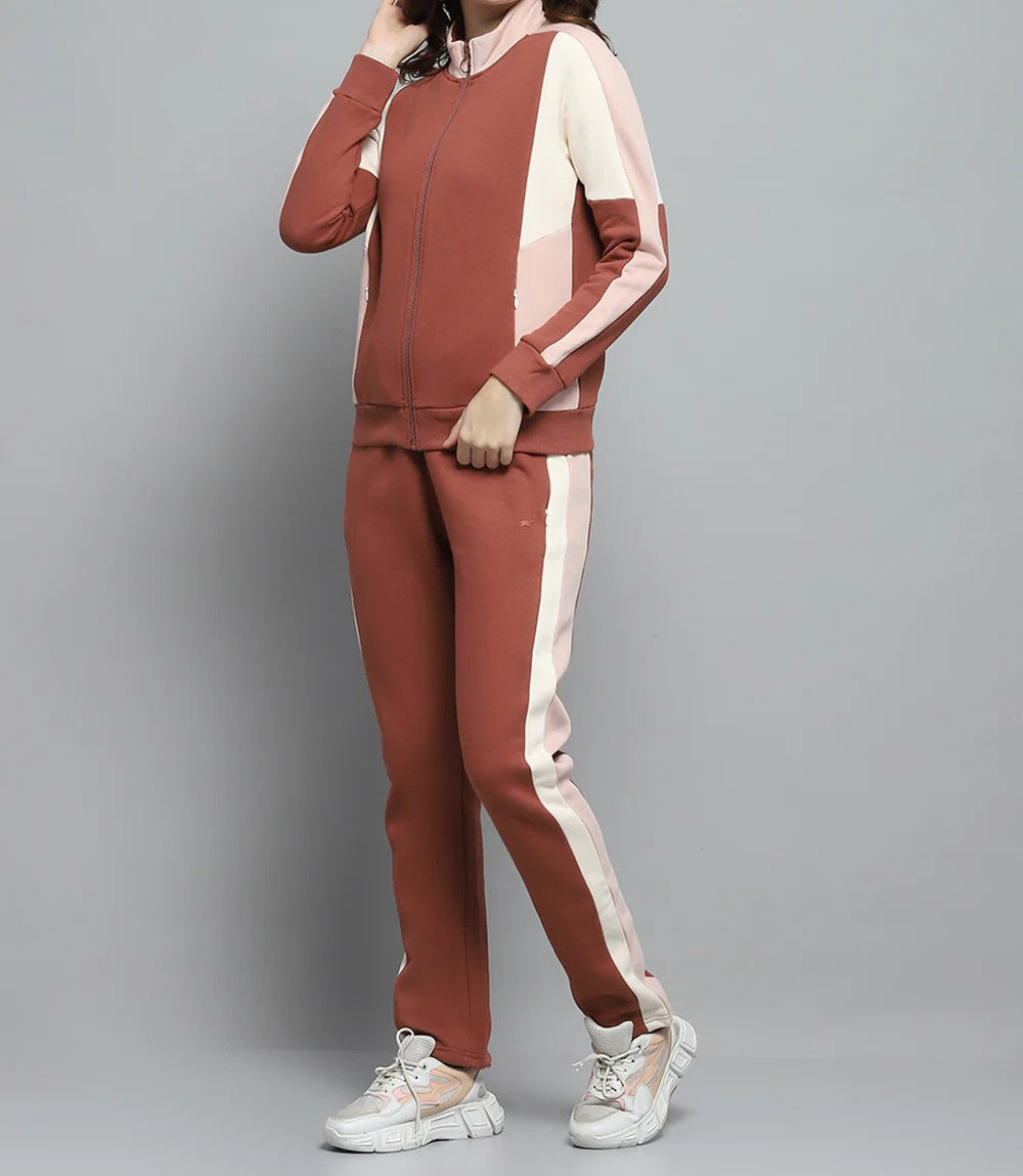 Women Rust Solid Mock Neck Full Sleeve Tracksuit