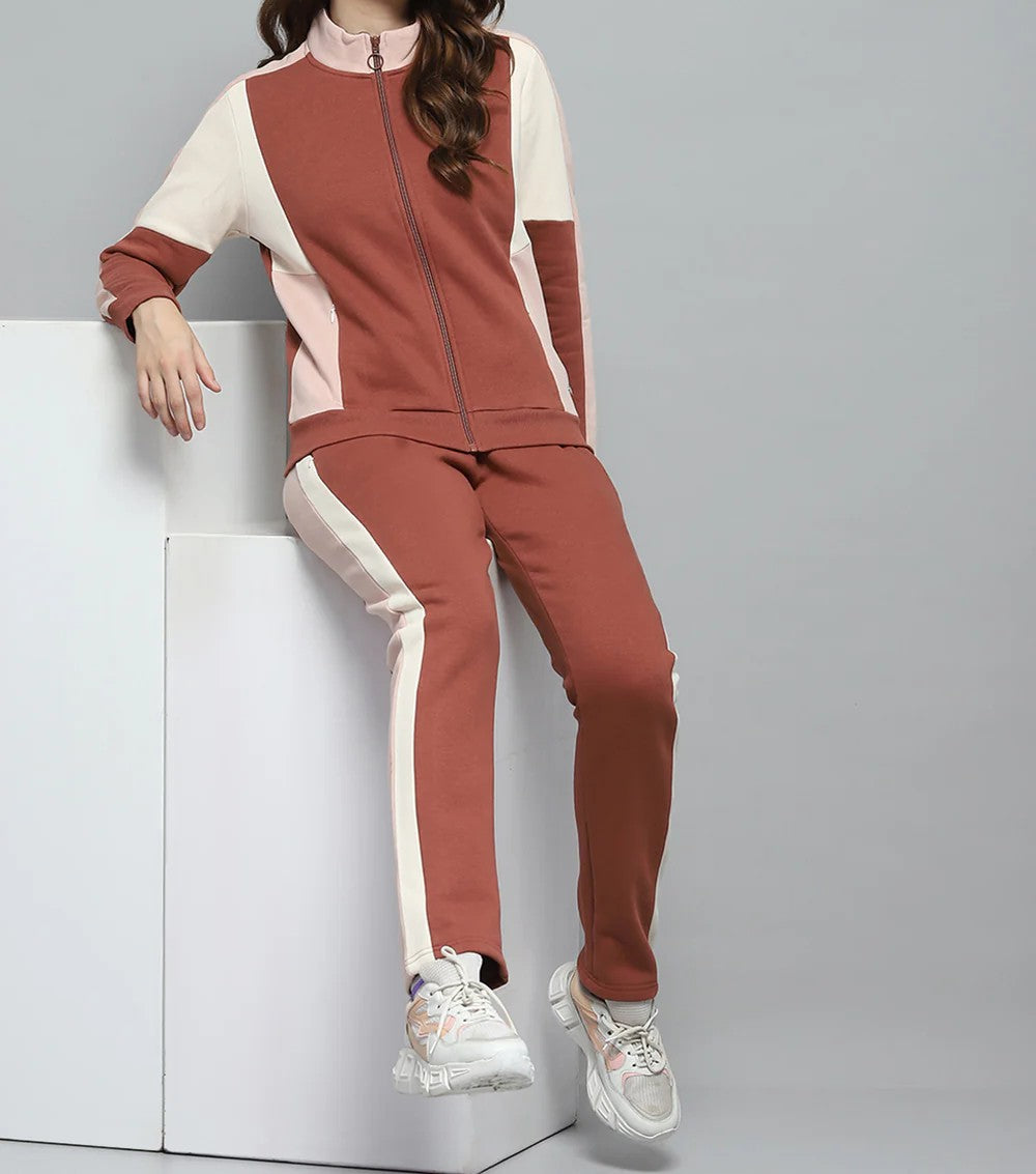 Women Rust Solid Mock Neck Full Sleeve Tracksuit