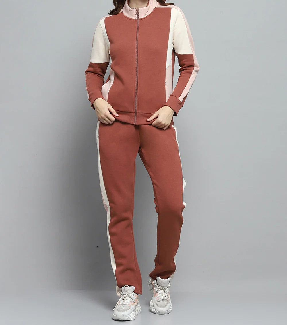 Women Rust Solid Mock Neck Full Sleeve Tracksuit